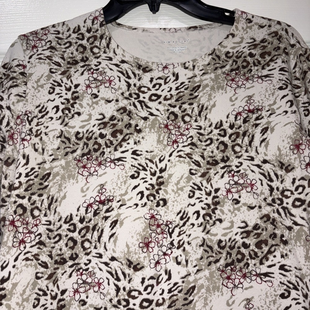 Kim Rogers Leopard Animal Print Floral Top Beige Brown 3/4 Sleeve Tee Size L - Picture 3 of 10